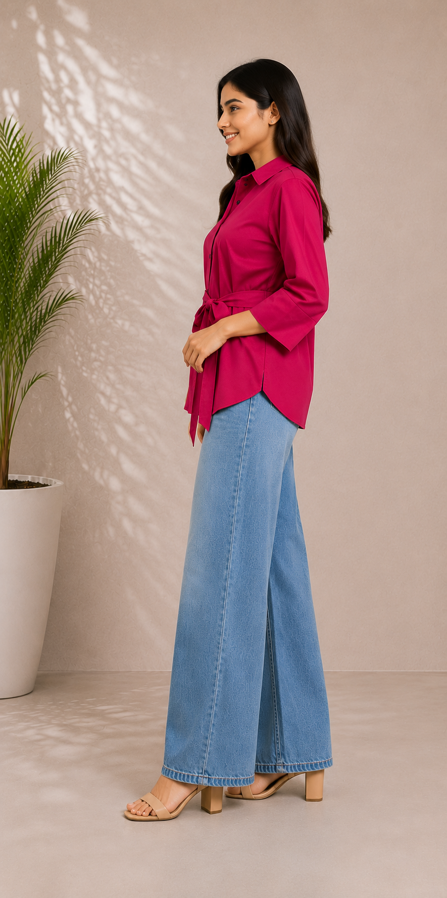 Women classic cotton collar shirt with Tie-Waist
