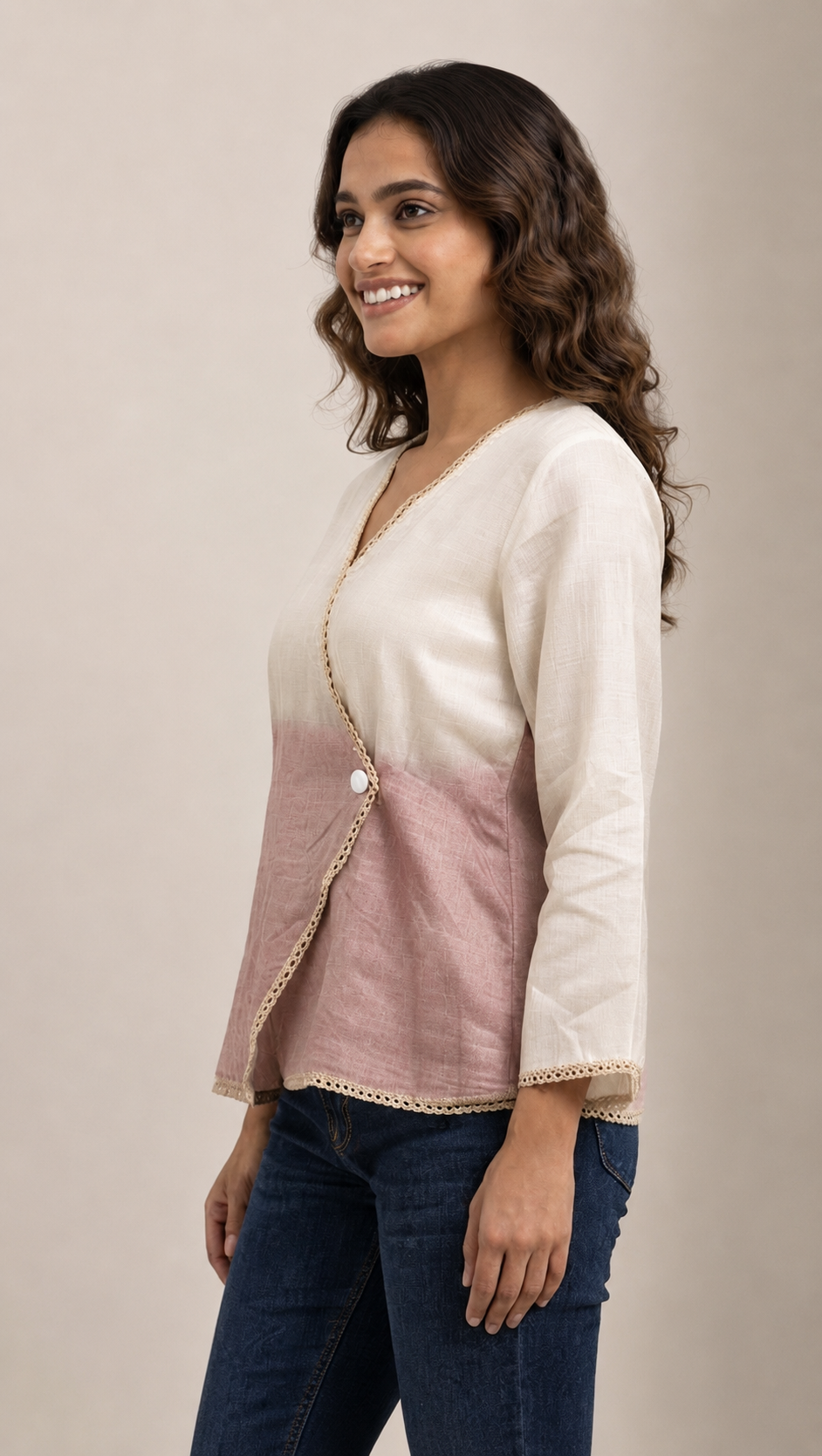 Casual Imported Fabric V neck -Line Lace Trim Wrap Top