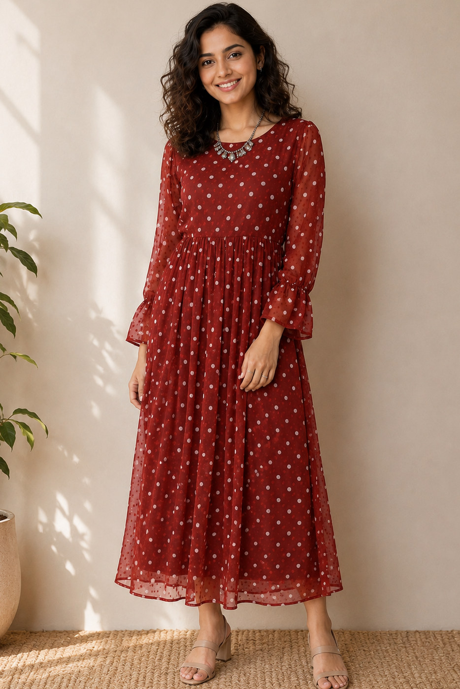 Women Casual Classic Burgundy Polka Dot Sheer Long Dress