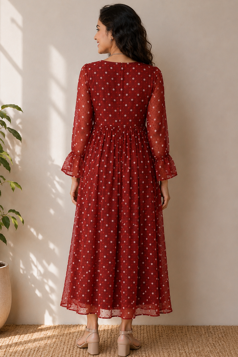 Women Casual Classic Burgundy Polka Dot Sheer Long Dress