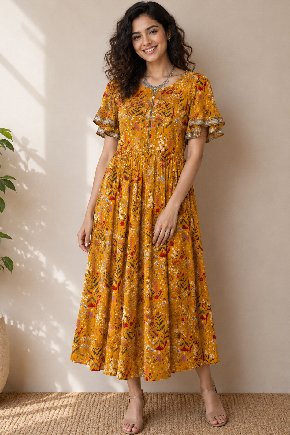 Women Casual Boho-Chic Floral Tiered Long Dress with Gota Patti Detailing