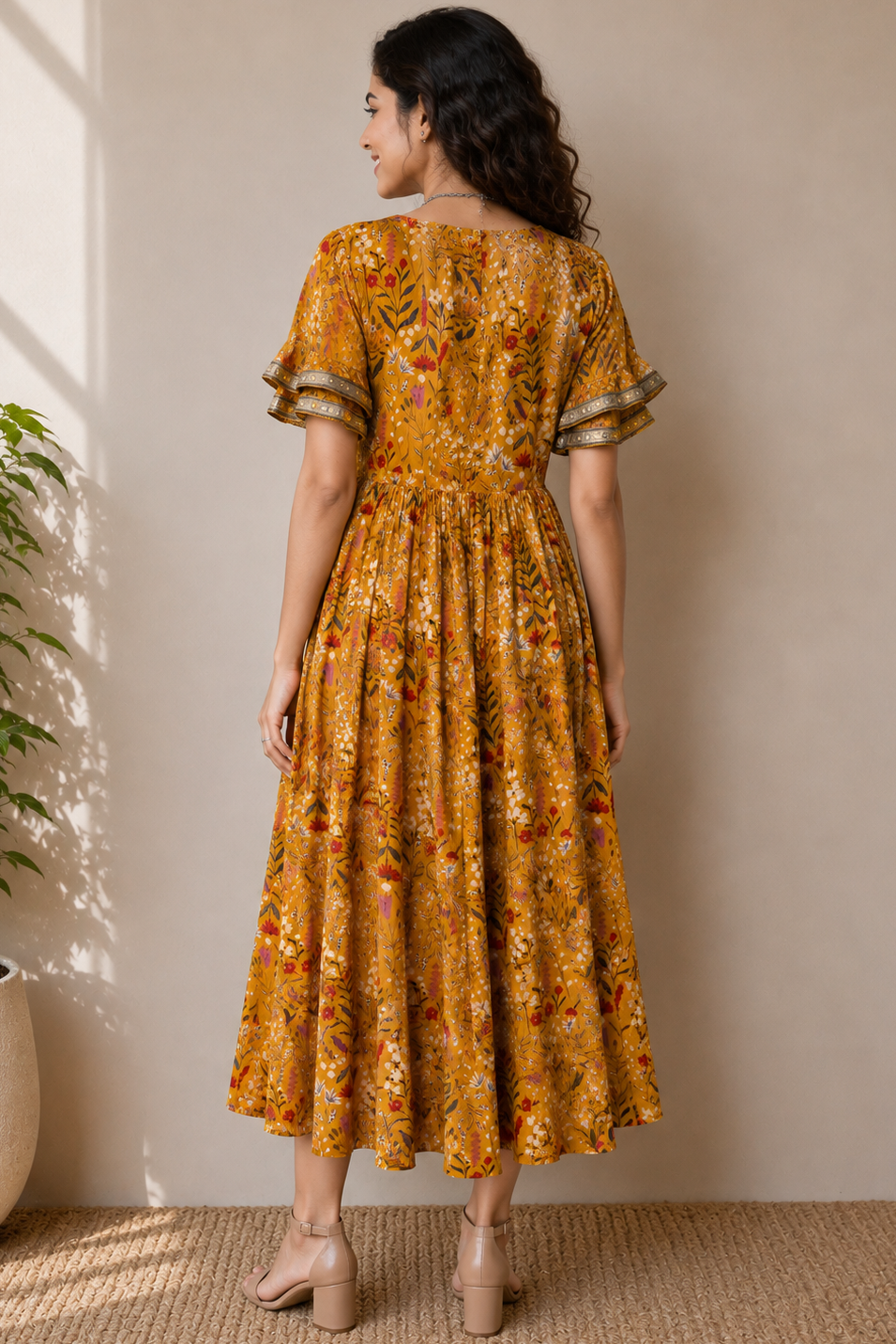 Women Casual Boho-Chic Floral Tiered Long Dress with Gota Patti Detailing