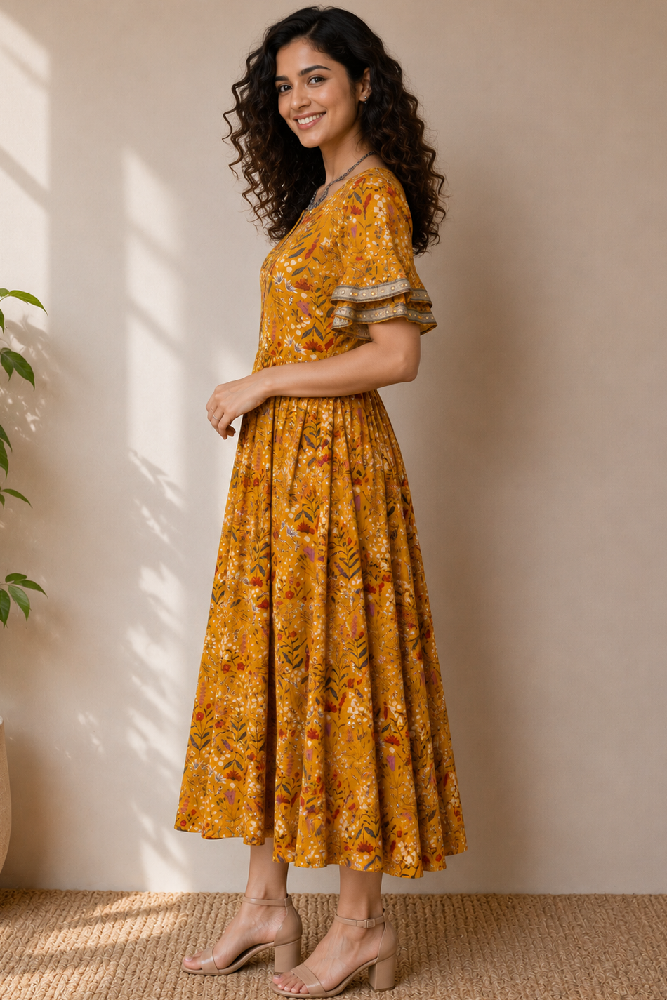 Women Casual Boho-Chic Floral Tiered Long Dress with Gota Patti Detailing