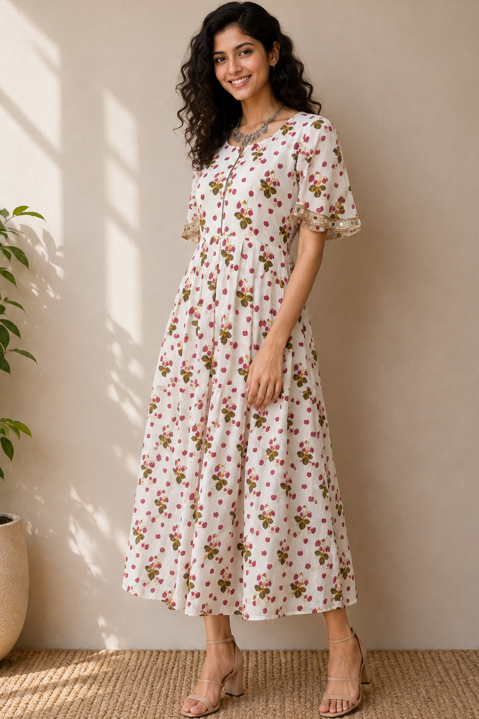 Women Casual Floral Print Midi Dress,Short flared sleeves with Gota Patti &amp; mirror accents