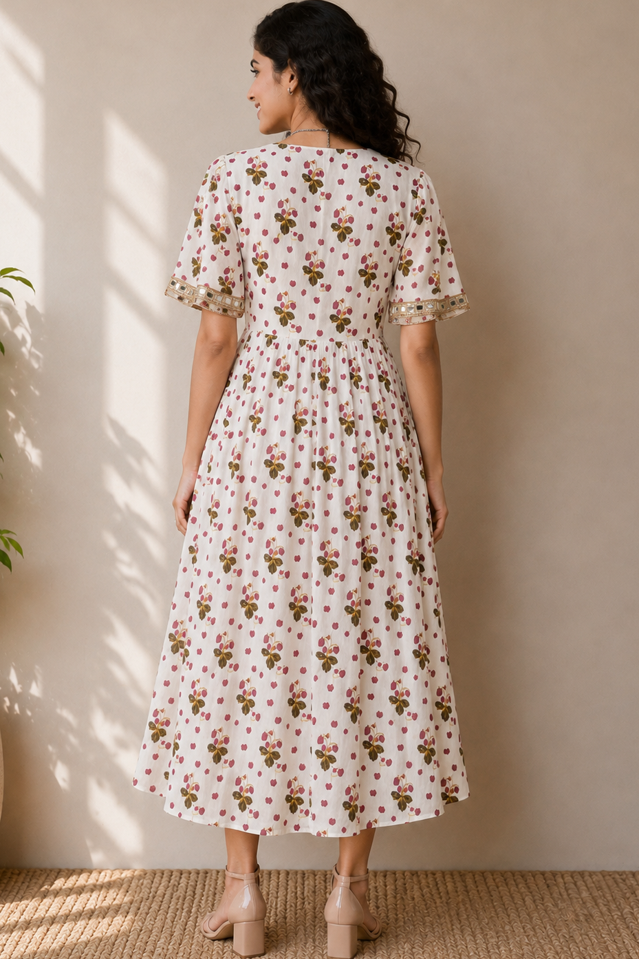 Women Casual Floral Print Midi Dress,Short flared sleeves with Gota Patti &amp; mirror accents