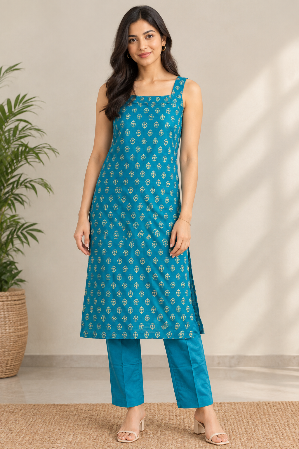 Women Elegant Green Gold Printed Sleeveless Kurta with Trousers (2-Piece Set)