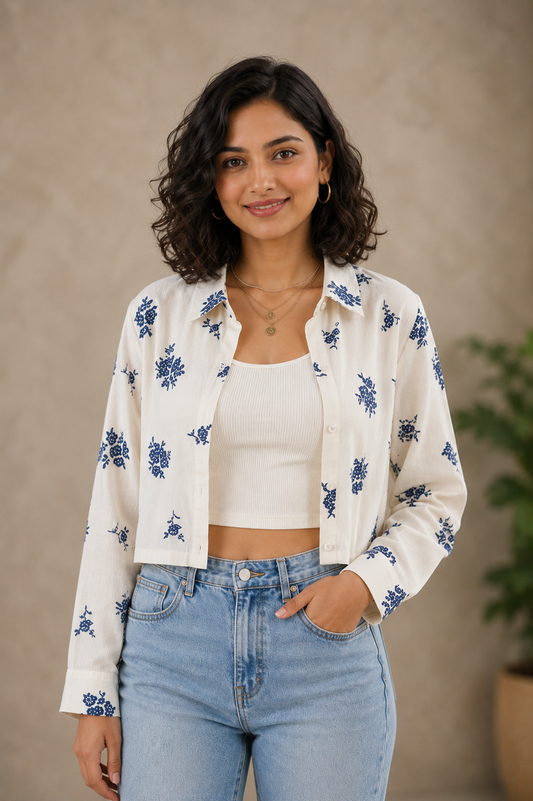 Casual Cotton rayon crop shirt top, and inner set.Two piece layering set, overshirt and inner tank top
