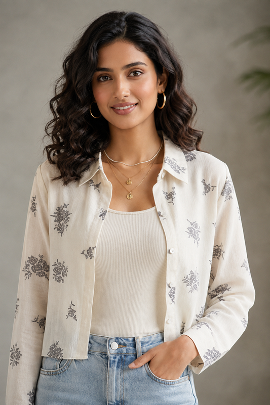 Casual Cotton rayon crop shirt top, and inner set.Two piece layering set, overshirt and inner tank top