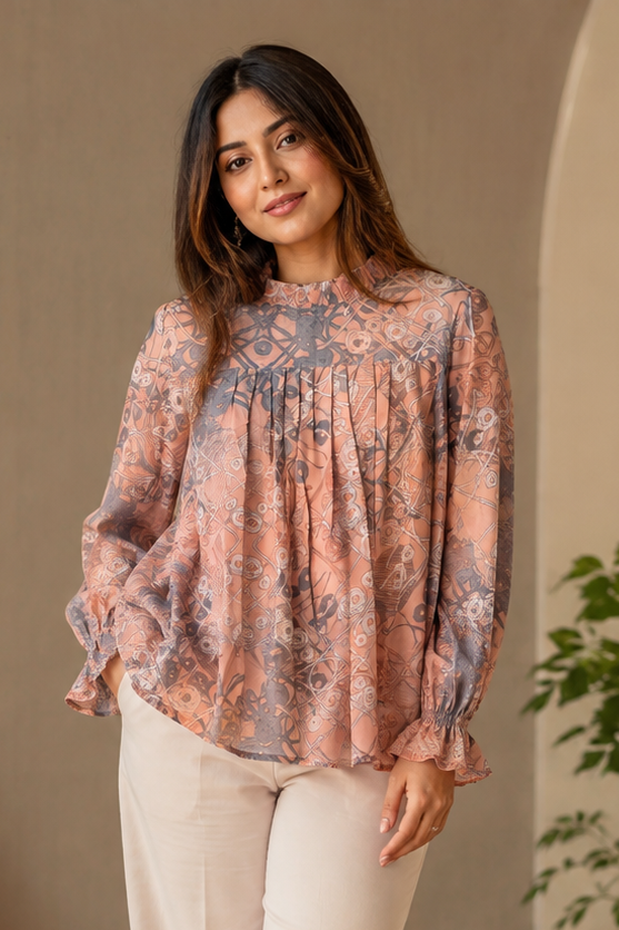 Women Peach and Grey Abstract Print Ruffle-Neck Pleated Blouse Top