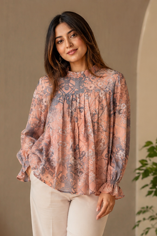 Women Peach and Grey Abstract Print Ruffle-Neck Pleated Blouse Top