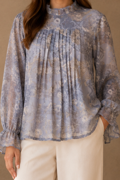 Women Blue Abstract Print Ruffle-Neck Pleated Blouse Top