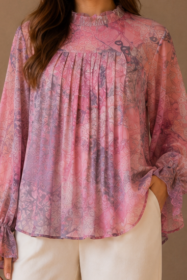 Women Pink and Purple Abstract Print Ruffle-Neck Pleated Blouse Top