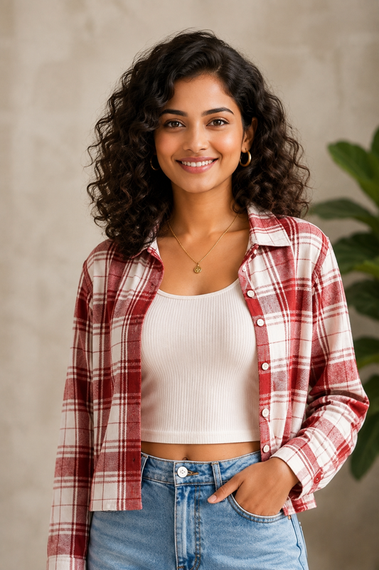 Women Casual Checkered print Crop Shirt top & Inner Set