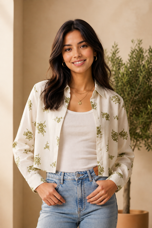 Casual Cotton rayon crop shirt top, and inner set.Two piece layering set, overshirt and inner tank top