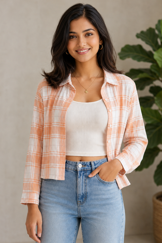 Women Casual Checkered print Crop Shirt top & Inner Set
