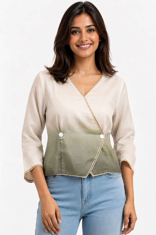 Casual Imported Fabric V neck -Line Lace Trim Wrap Top