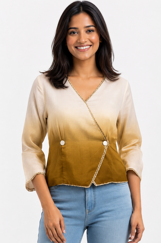 Casual Imported Fabric V neck -Line Lace Trim Wrap Top