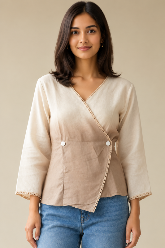 Women Casual Imported Fabric V neck -Line Lace Trim Wrap Top