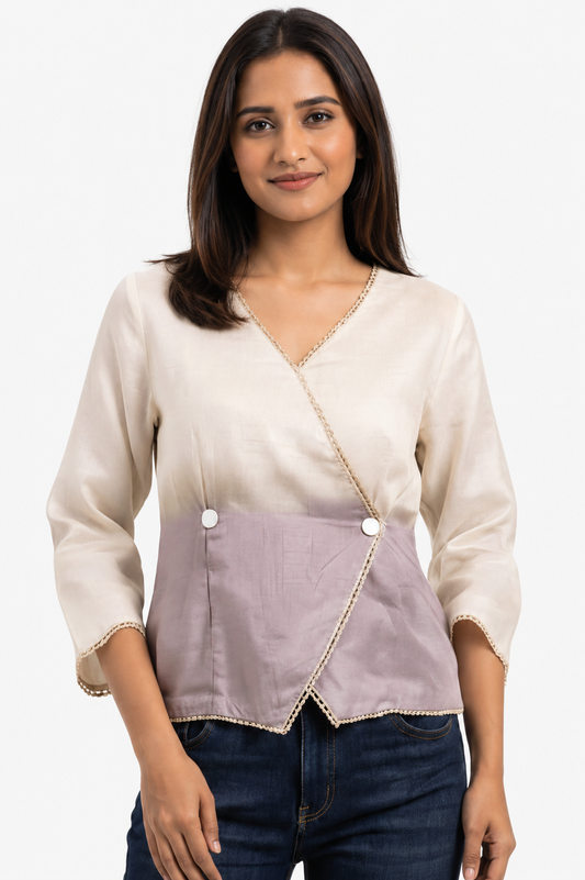 Casual Imported Fabric V neck -Line Lace Trim Wrap Top