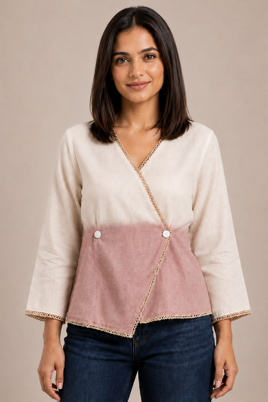 Casual Imported Fabric V neck -Line Lace Trim Wrap Top