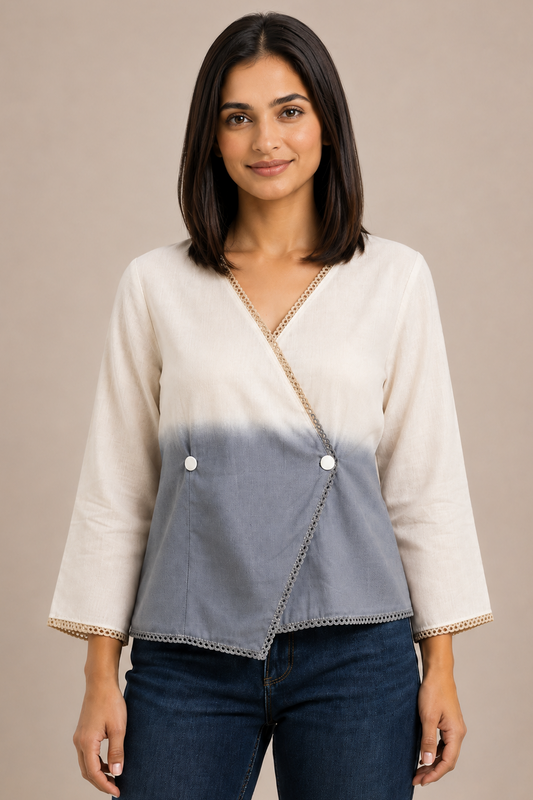Casual Imported Fabric V neck -Line Lace Trim Wrap Top