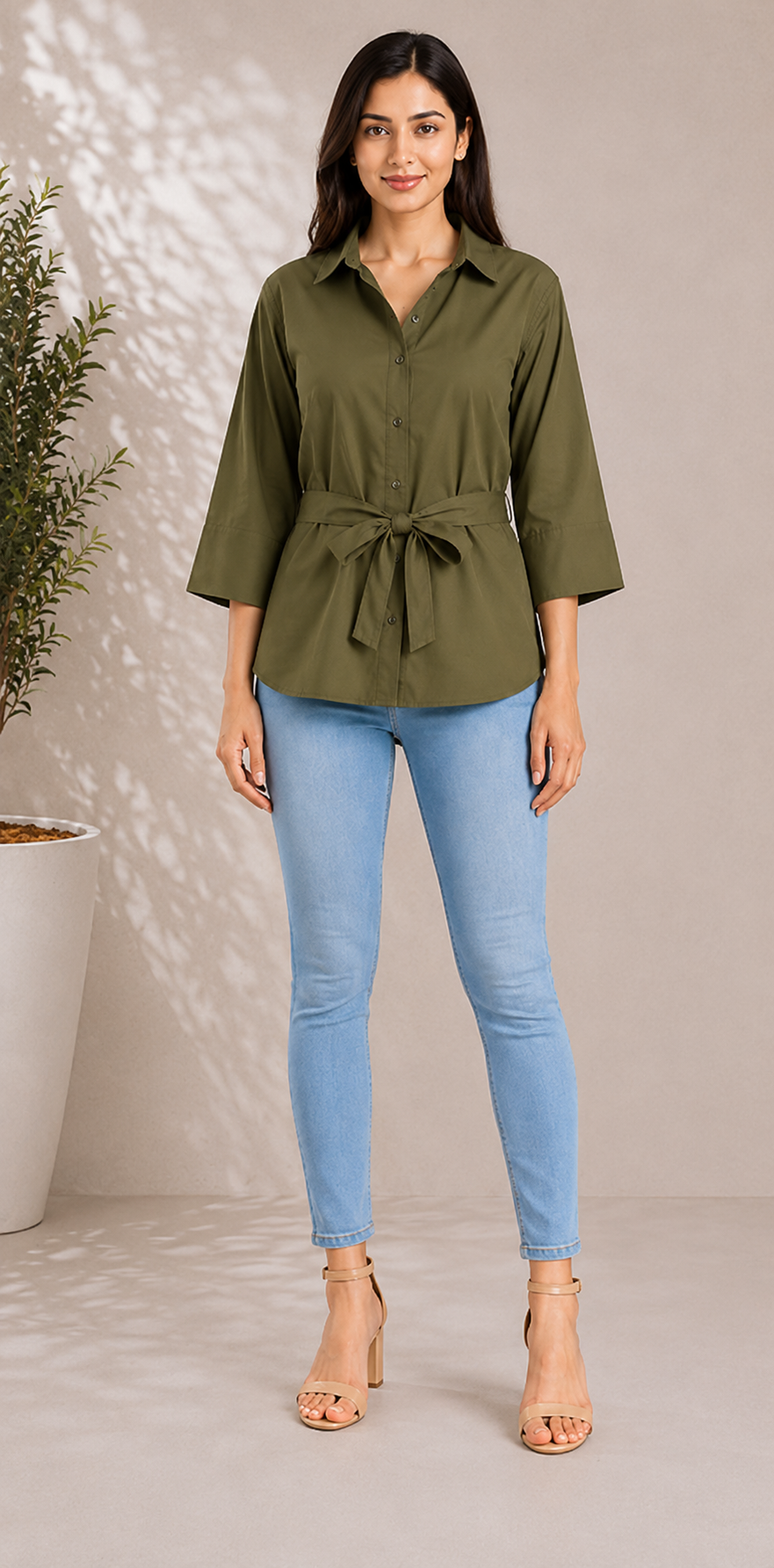 Women classic cotton collar shirt with Tie-Waist
