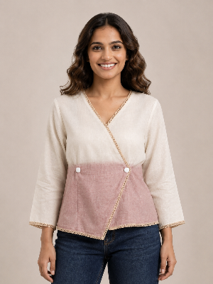 Casual Imported Fabric V neck -Line Lace Trim Wrap Top