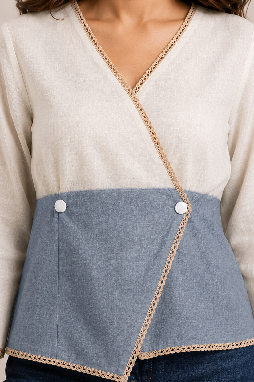 Casual Imported Fabric V neck -Line Lace Trim Wrap Top