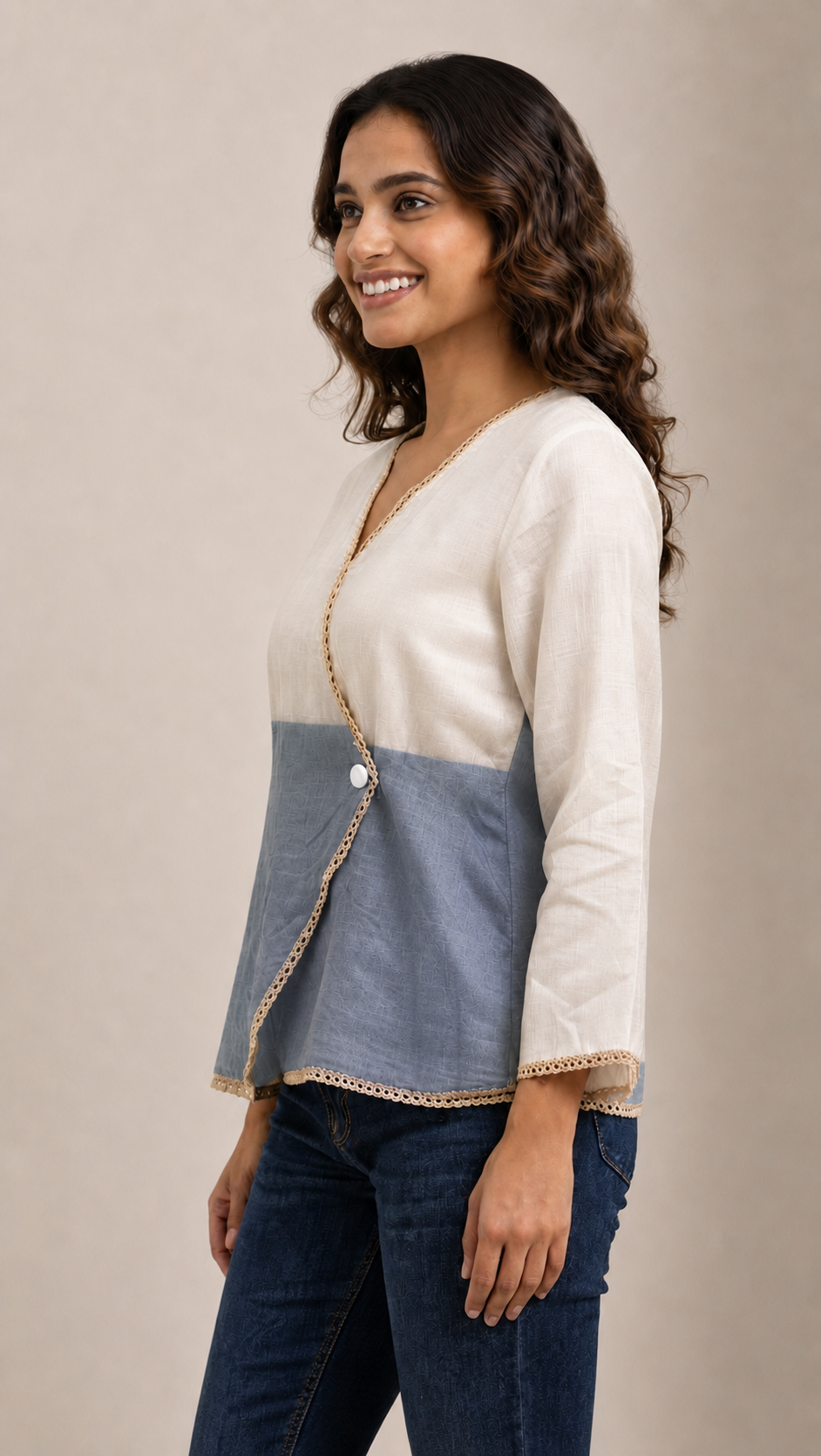 Casual Imported Fabric V neck -Line Lace Trim Wrap Top
