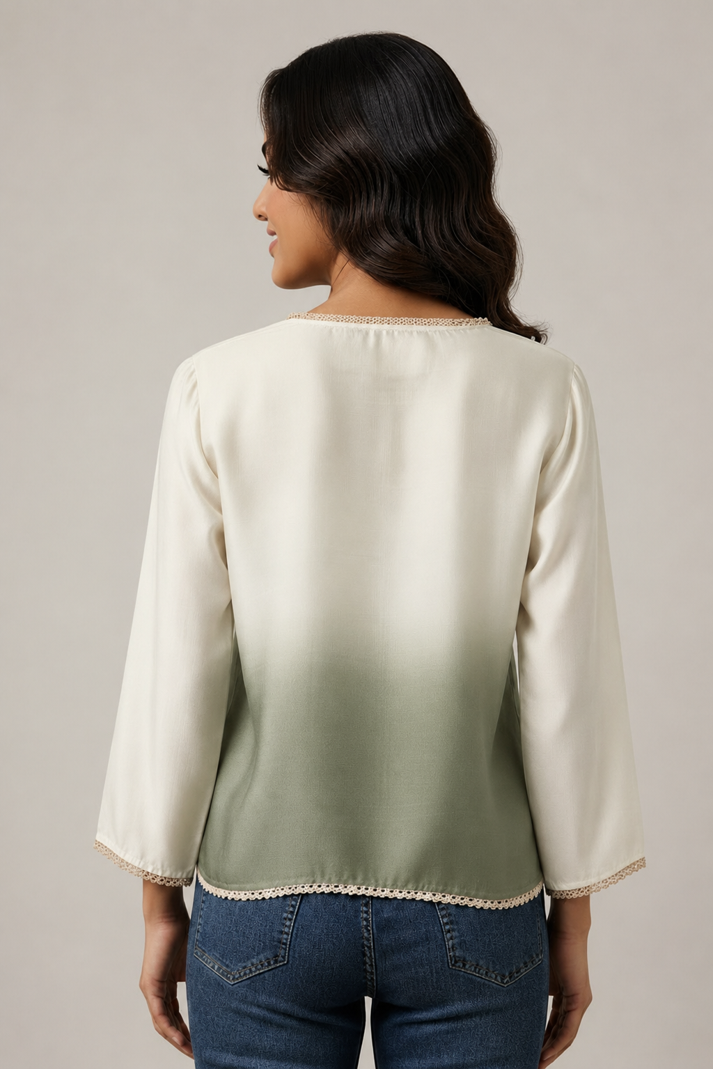 Casual Imported Fabric V neck -Line Lace Trim Wrap Top