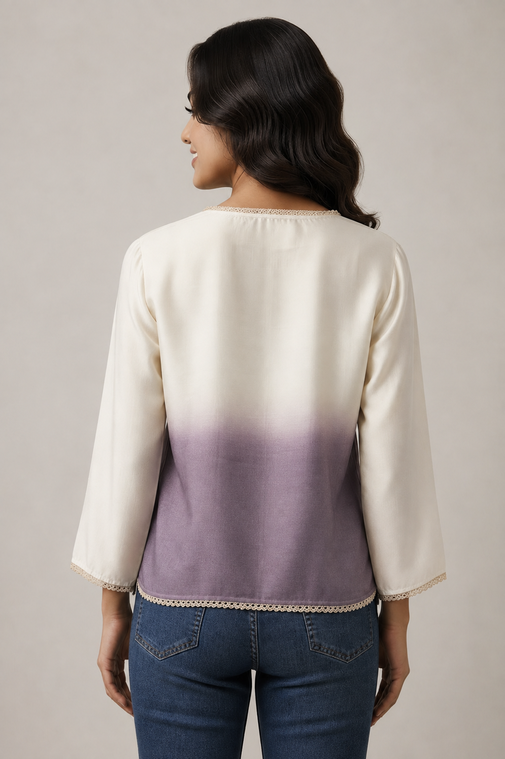 Casual Imported Fabric V neck -Line Lace Trim Wrap Top