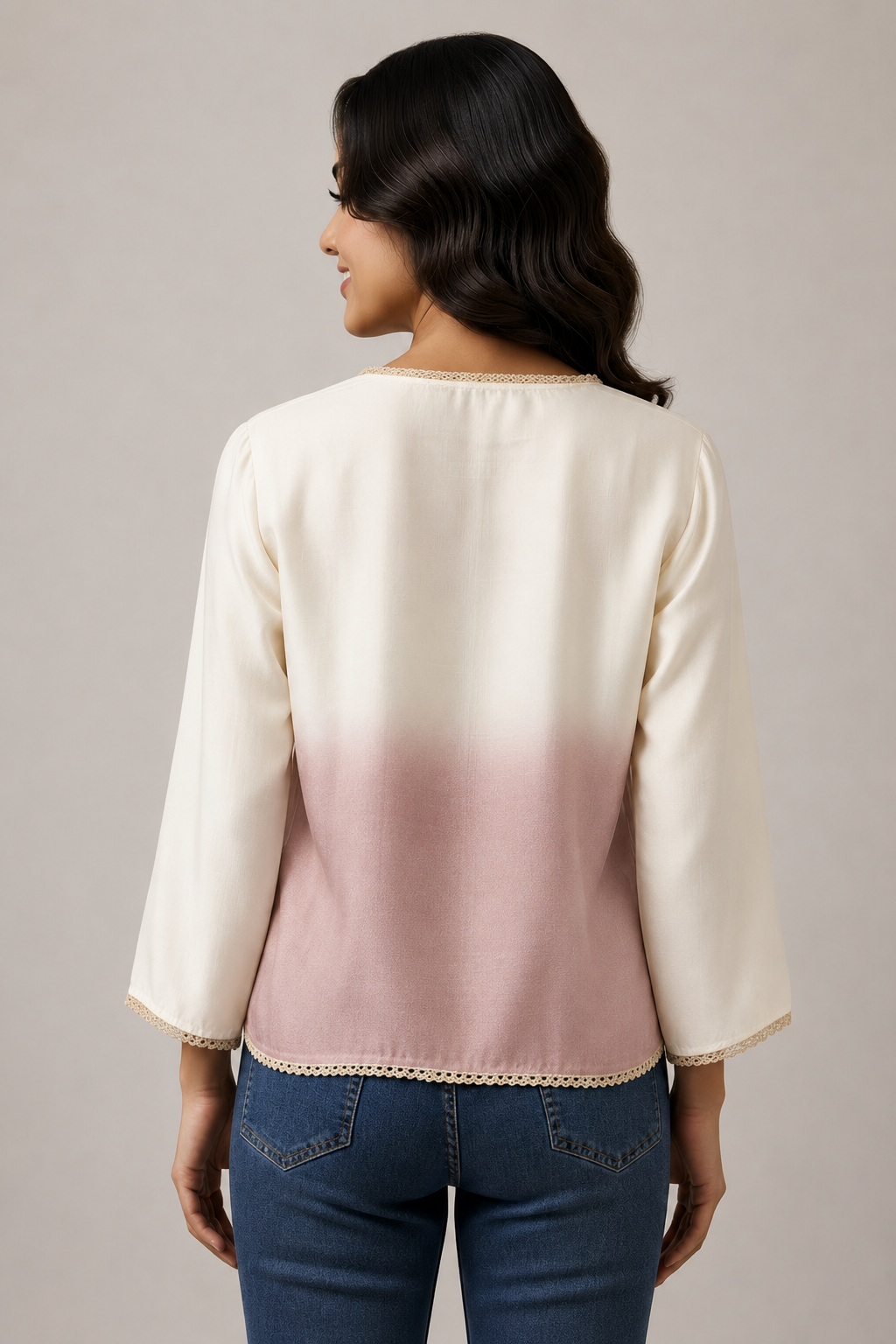 Casual Imported Fabric V neck -Line Lace Trim Wrap Top