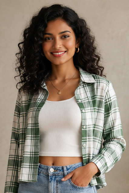 Women Casual Checkered print Crop Shirt top & Inner Set