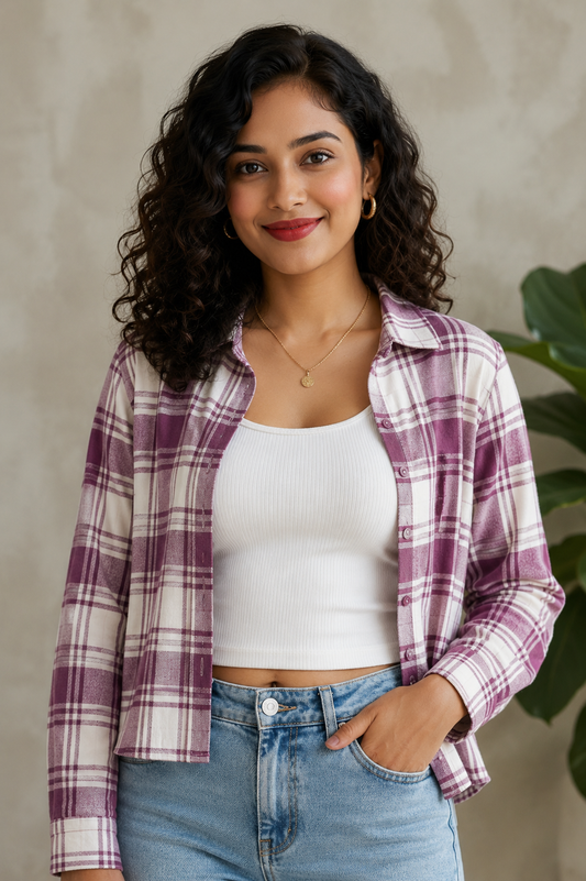 Women Casual Checkered print Crop Shirt top & Inner Set