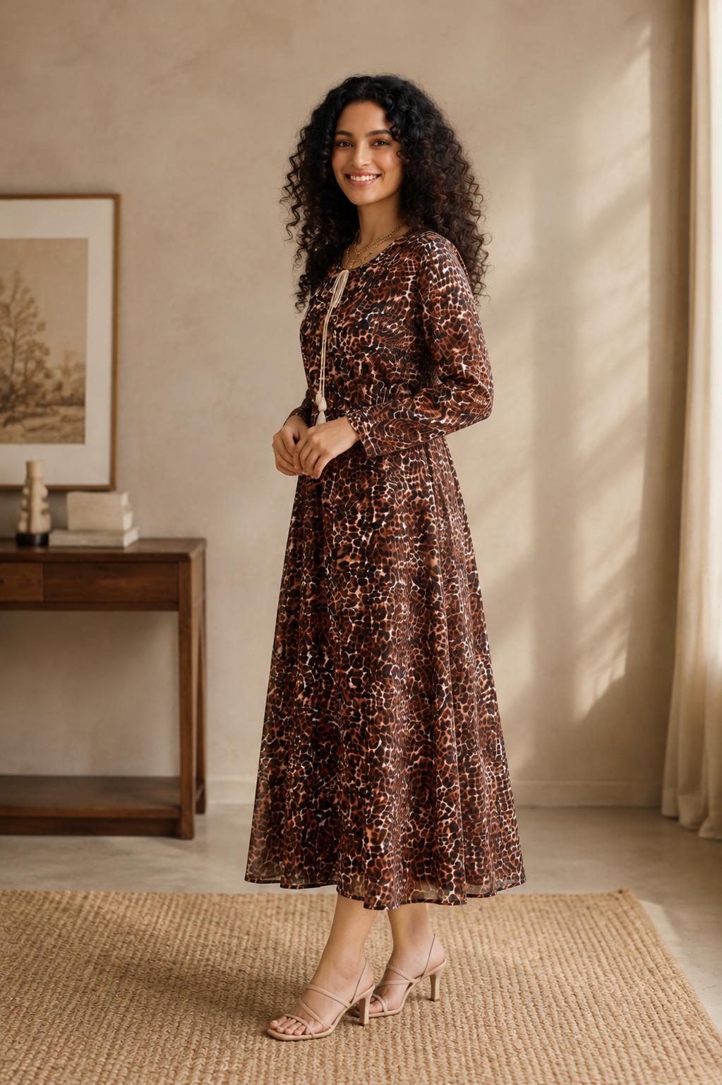 Women Casual Chic Leopard Print Long Dress with Tassel Drawstring