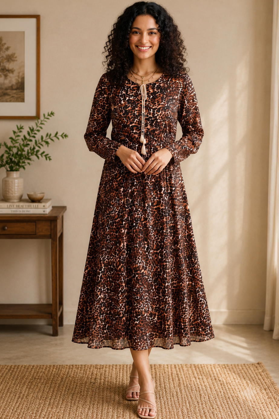 Women Casual Chic Leopard Print Long Dress with Tassel Drawstring