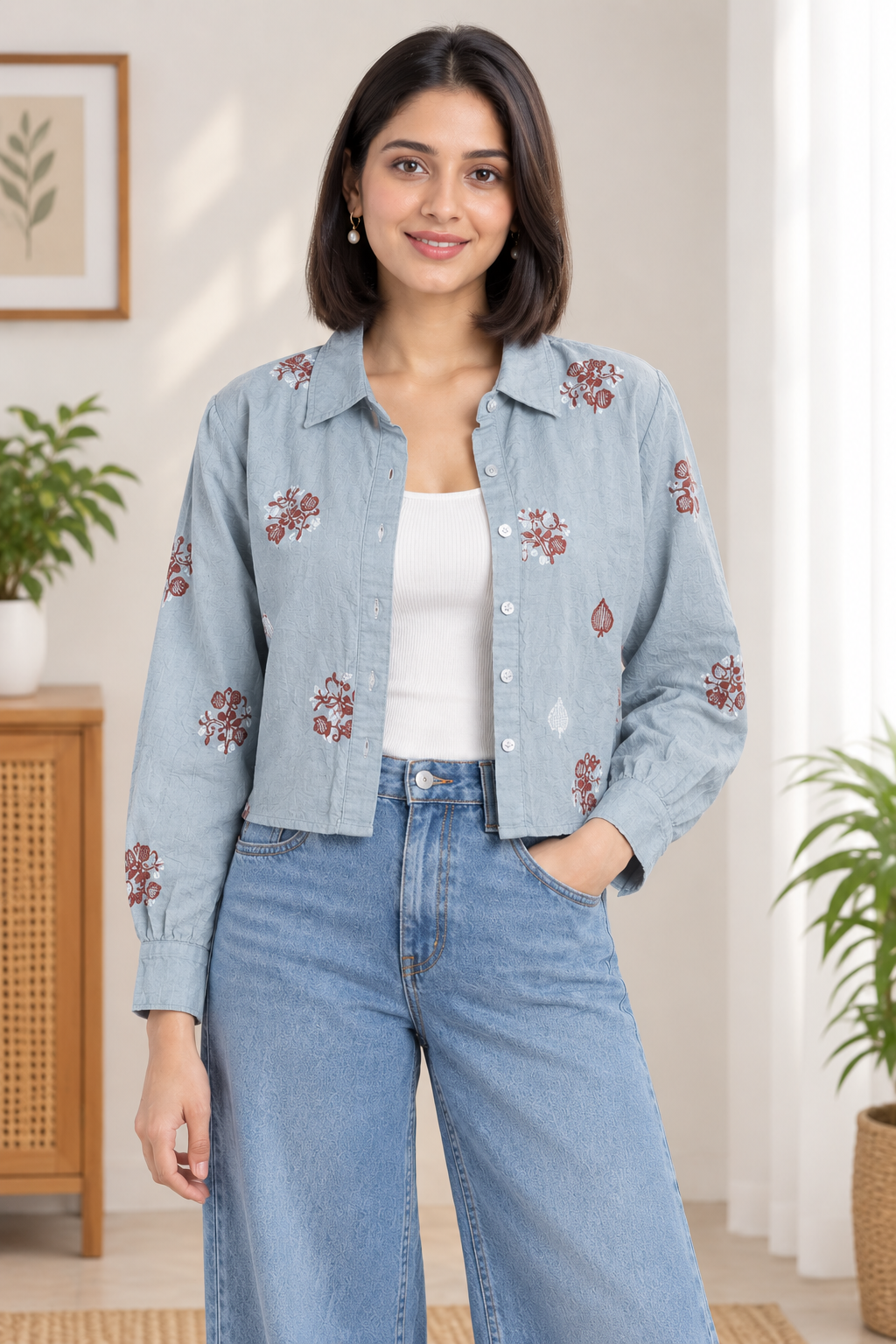 Women casual Embroidered Top Shirt & Inner Set