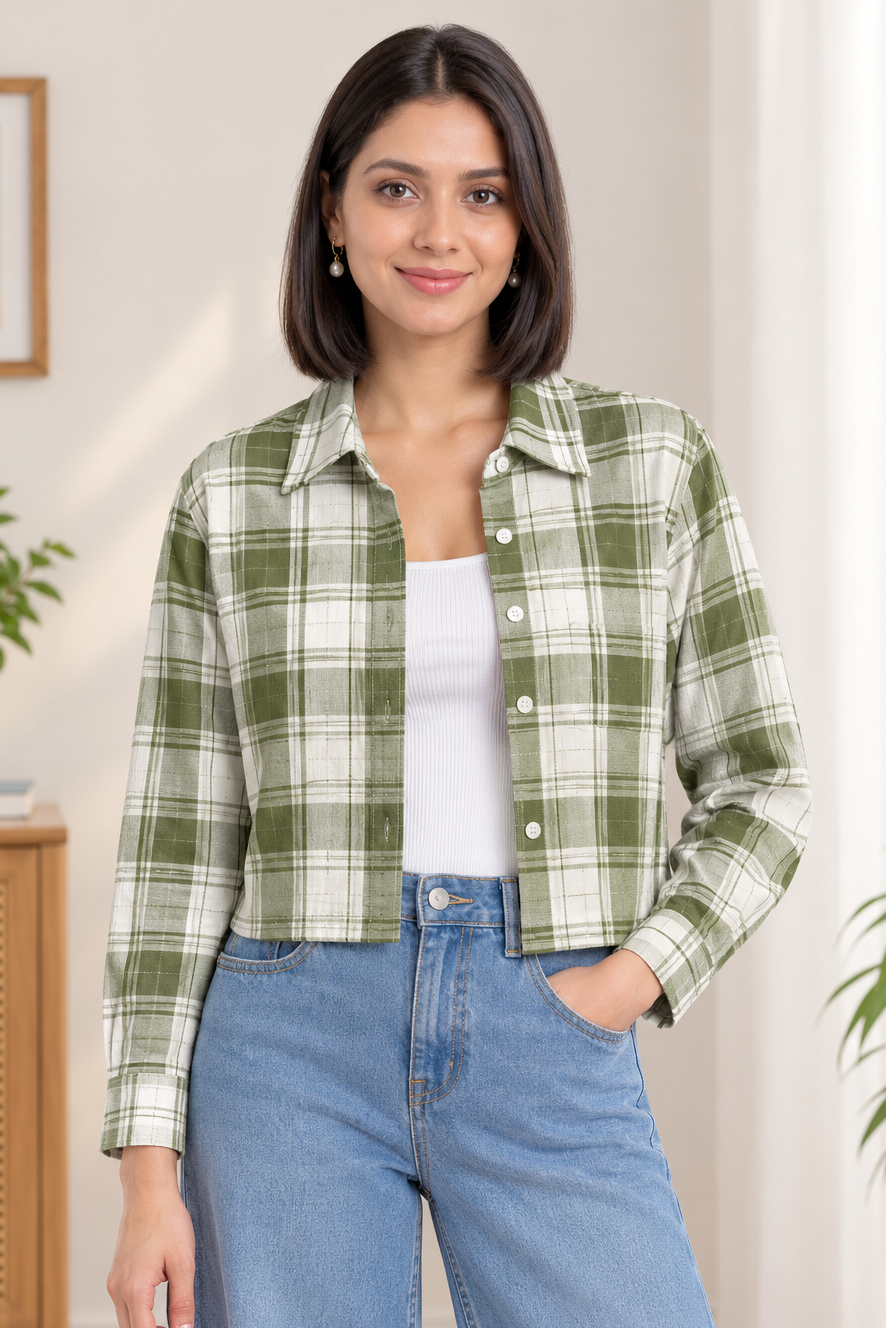 Women Casual Checkered print Crop Shirt top & Inner Set