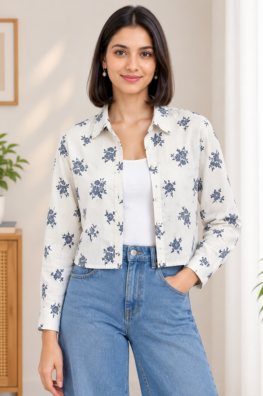 Casual Cotton rayon crop shirt top, and inner set.Two piece layering set, overshirt and inner tank top