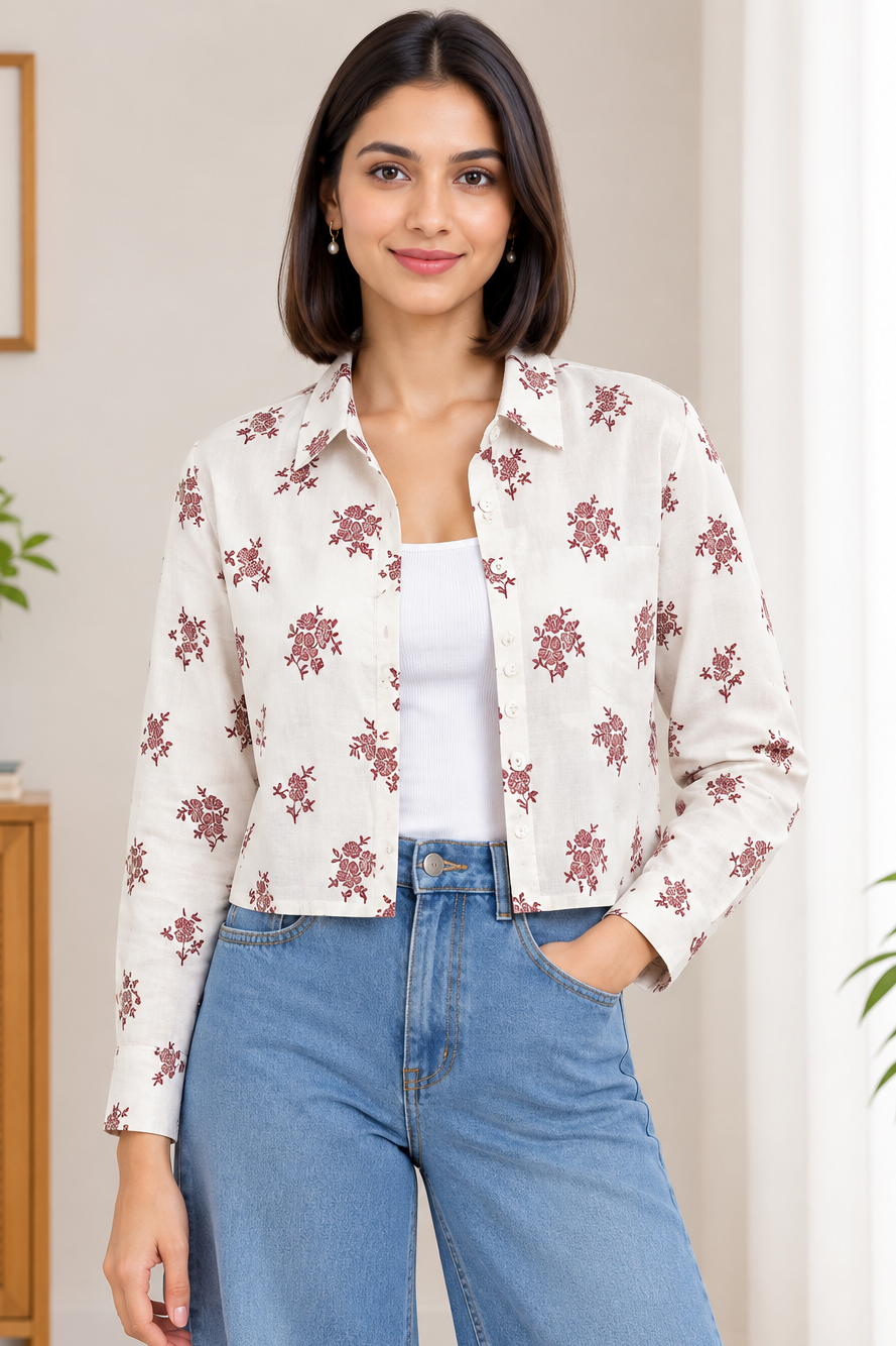 Casual Cotton rayon crop shirt top, and inner set.Two piece layering set, overshirt and inner tank top