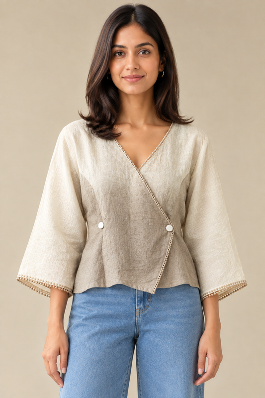 Women Casual Imported Fabric V neck -Line Lace Trim Wrap Top