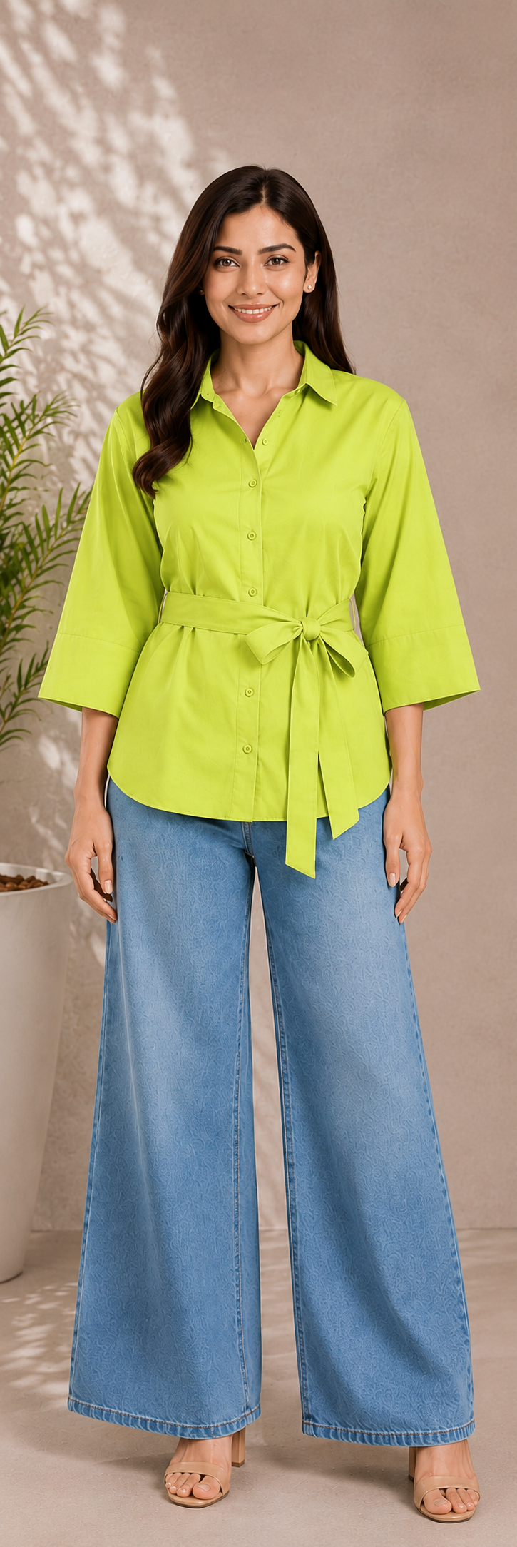 Women classic cotton collar shirt with Tie-Waist