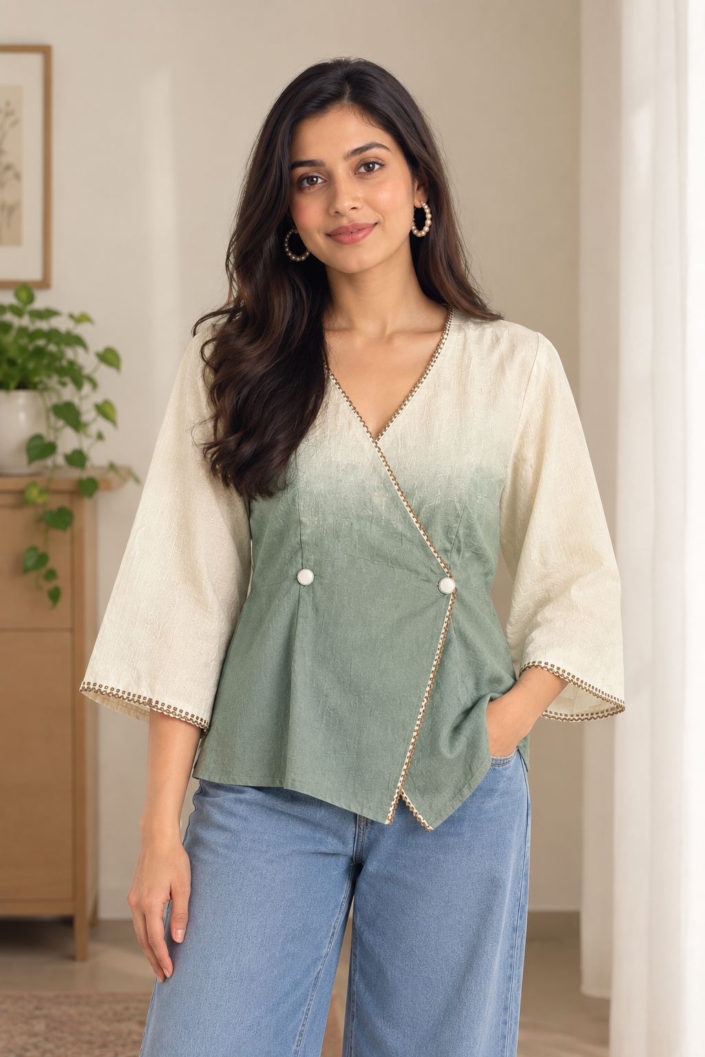 Casual Imported Fabric V neck -Line Lace Trim Wrap Top