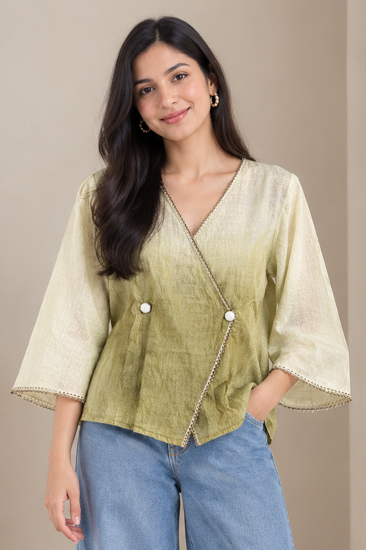 Casual Imported Fabric V neck -Line Lace Trim Wrap Top