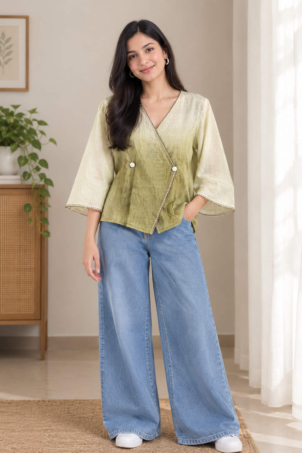 Casual Imported Fabric V neck -Line Lace Trim Wrap Top