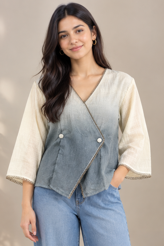 Casual Imported Fabric V neck -Line Lace Trim Wrap Top