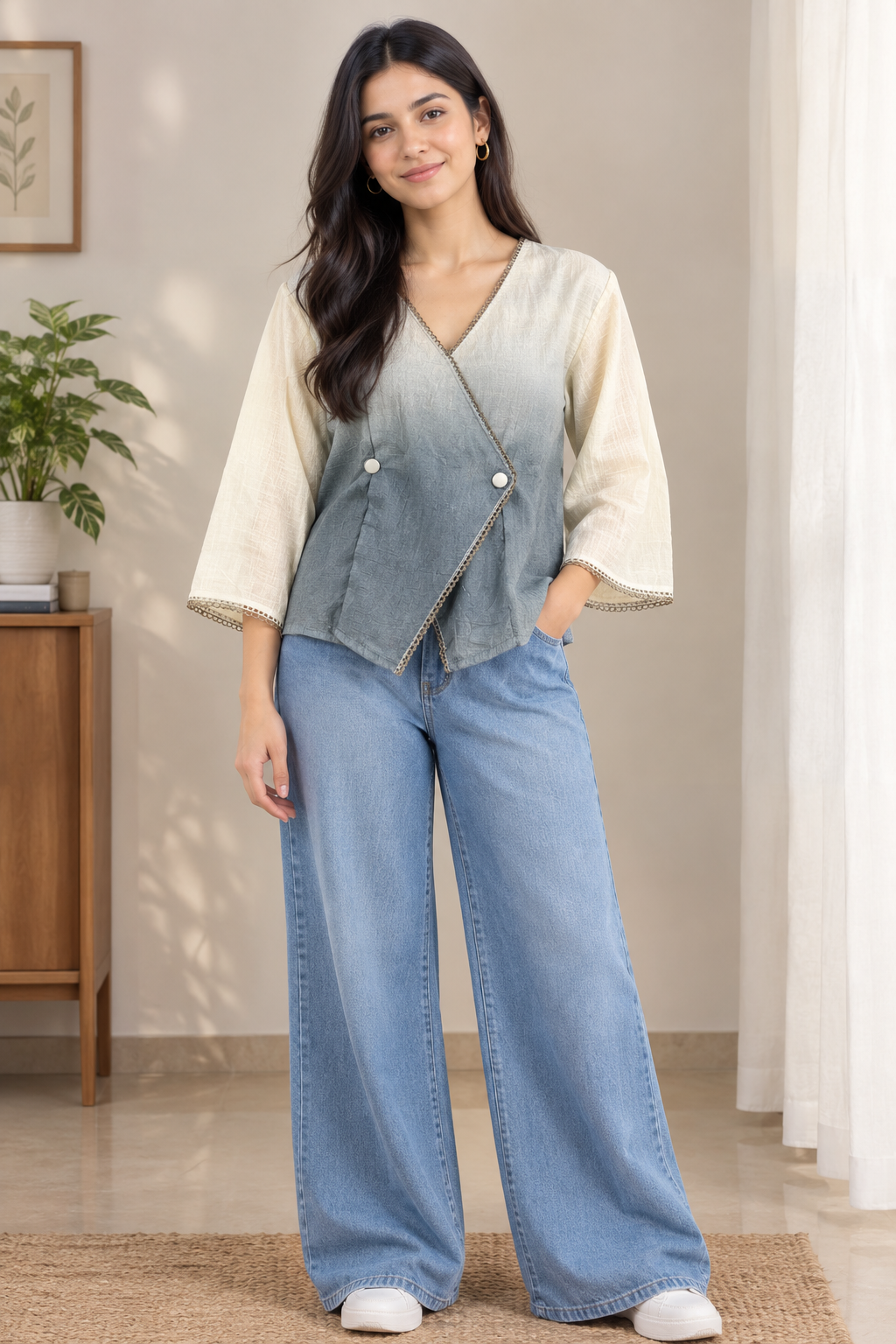 Casual Imported Fabric V neck -Line Lace Trim Wrap Top