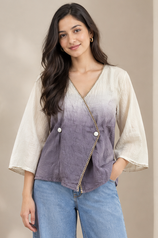 Casual Imported Fabric V neck -Line Lace Trim Wrap Top