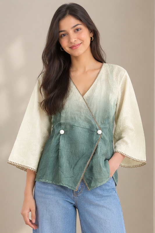 Casual Imported Fabric V neck -Line Lace Trim Wrap Top