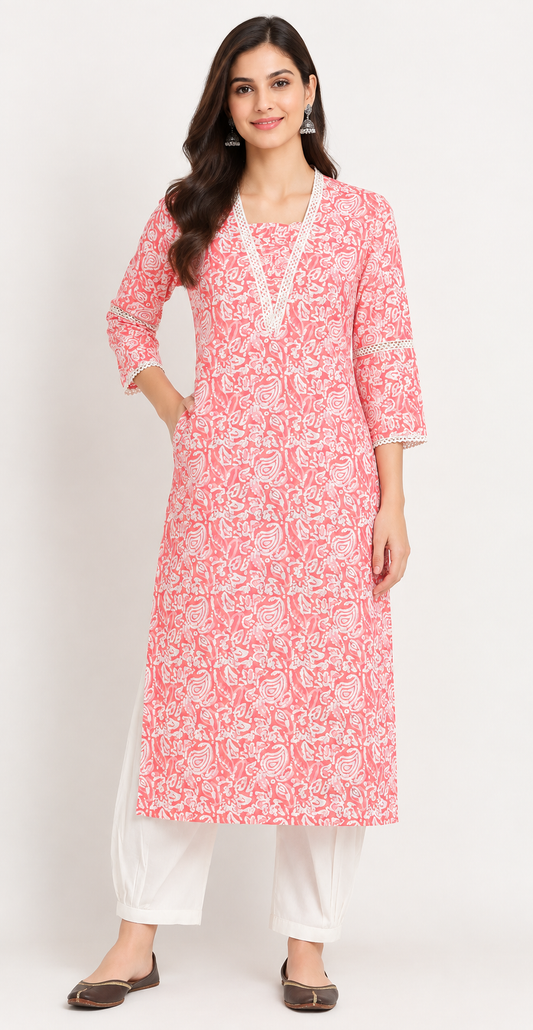 Women Self Design Pure Cotton Straight Kurta (Pink, White)